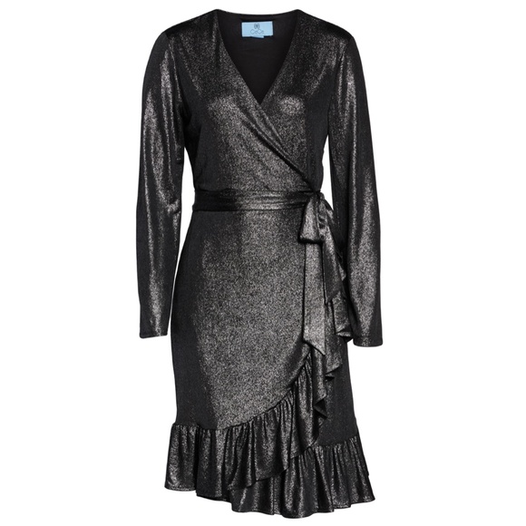 NWT CECE Metallic Shimmer Ruffle Long Sleeve Wrap Dress - Picture 5 of 7